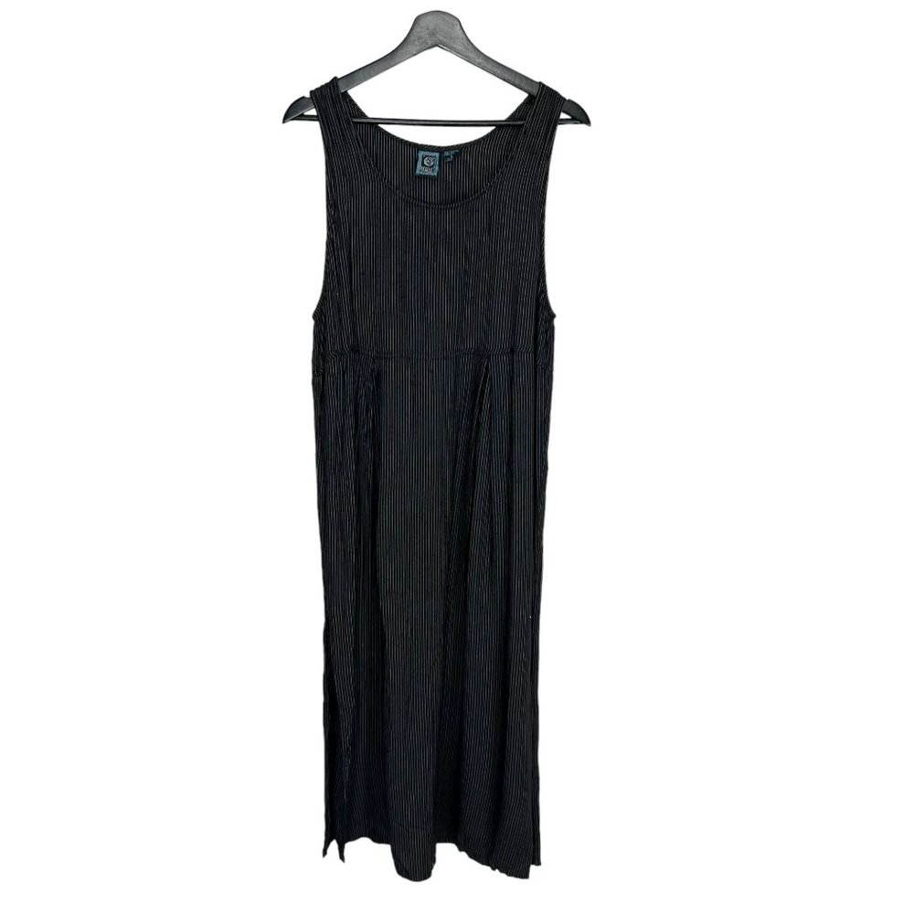 Vintage 90s Black White Pinstripe Knit Sleeveless Full Length Dress Large